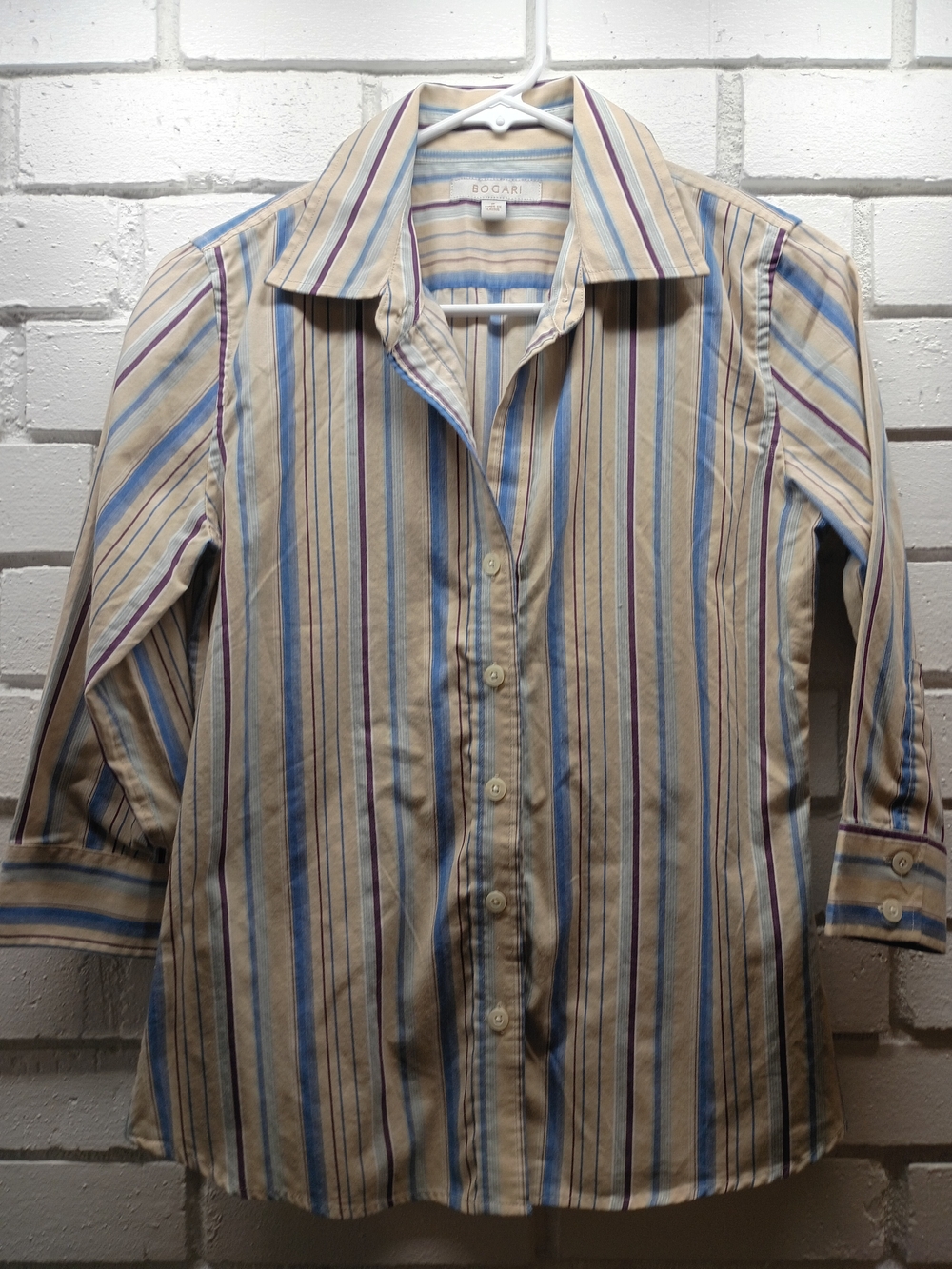 Bogari Beige Striped Casual Button-Down Shirt With ¾ Sleeve 75% Silk 25% Cotton